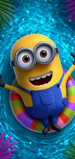 Minion floating in colorful water with tropical theme.