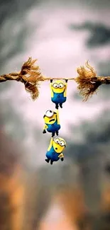 Cartoon characters hanging from rope on colorful mobile wallpaper.