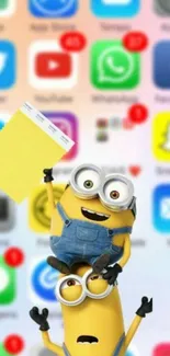 Minions holding paper in front of colorful app icons as a mobile wallpaper.