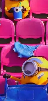 Playful cartoon characters on pink seats in a bright, fun setting.