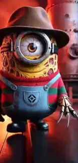 A quirky minion with horror elements in a vibrant orange setting.