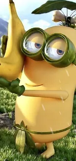 Cute Minion lovingly embracing a banana with a green backdrop.