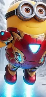 Minion in Iron Man style suit flying through snowy forest.