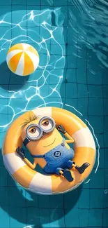 Minion floating in a pool with a beach ball nearby.