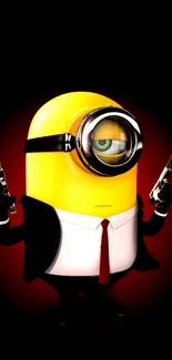 Cartoon agent in a suit holding weapons on a black background.