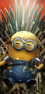 Minion seated on a sword throne with a dramatic background.