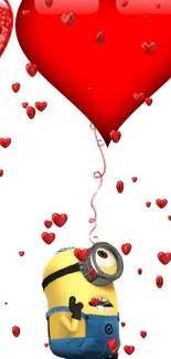 Minion holding heart balloon with floating red hearts