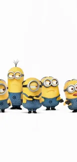 Five animated minions in blue overalls on a white background.