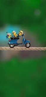 Minions riding a scooter on rope with green background.