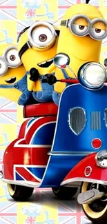 Minions on a Union Jack scooter with colorful background.