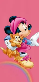 Minnie Mouse cuddling Figaro on pink backdrop.