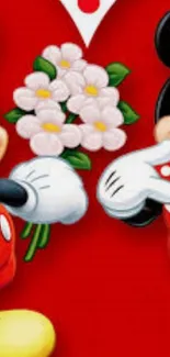 Minnie and Mickey Mouse holding flowers on a red heart background.