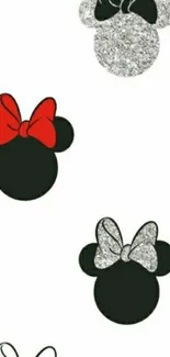 Charming Minnie Mouse head pattern with bows, in black, red, and silver colors.