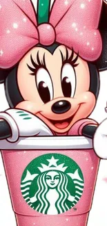 Minnie Mouse in a pink coffee cup with a large pink bow.