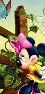 Minnie Mouse gazes at butterfly in garden.