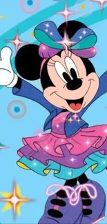 Minnie Mouse cartoon with colorful dress and stars on a blue background.