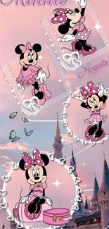 Minnie Mouse on pink-themed castle background with heart designs.