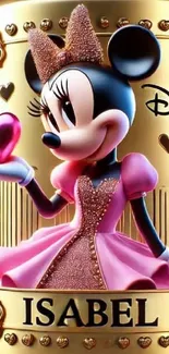 Minnie Mouse in pink dress with a golden background, holding a heart.