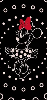 Minnie Mouse pattern on black wallpaper with red bow and white dots.