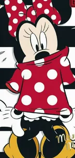 Minnie Mouse in red polka dot dress on a striped background.