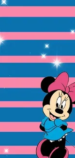 Minnie Mouse on blue and pink striped wallpaper.