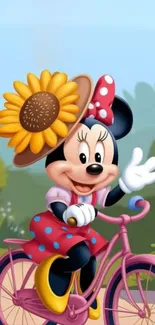 Minnie Mouse on a pink bicycle with a sunflower hat.