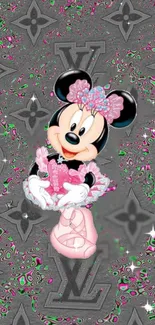 Minnie Mouse in pink dress on elegant gray wallpaper.