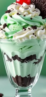 Mint chocolate ice cream sundae with whipped cream and a cherry.
