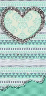 Mint green geometric heart wallpaper with tribal patterns and glitter border.