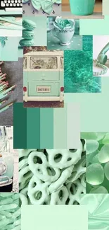 Mint green aesthetic collage wallpaper with vintage elements.