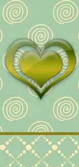 Mint green wallpaper with layered heart design and swirls.