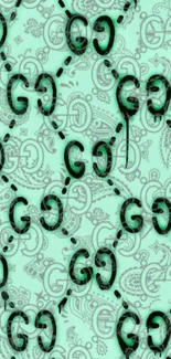 Mint green luxury fashion pattern wallpaper with iconic designs.