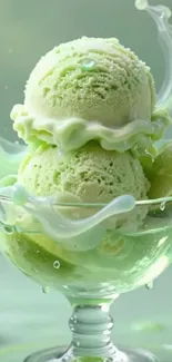 Mint ice cream with creamy lime splash in glass.