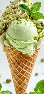 Mint pistachio ice cream cone with whipped cream and nuts.