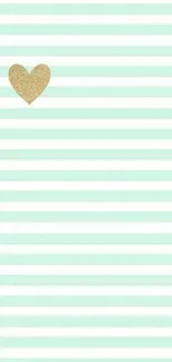 Mint and white striped wallpaper with a golden heart design.