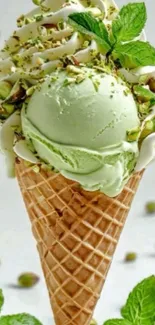 Mint ice cream cone with pistachio toppings and fresh mint leaves.
