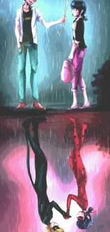 Miraculous art with characters and reflections in rain.