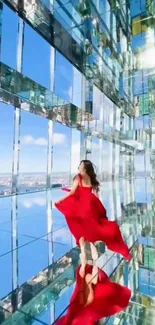 Woman in red dress in a mirrored glass room with city view.