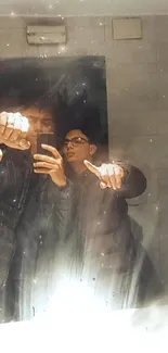 Artistic mirror reflection with two individuals in a restroom setting.