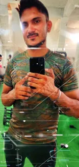 Mirror selfie of person in a camo shirt at the gym with digital effects.