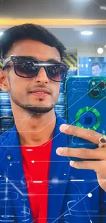 Stylish man in blue suit taking a mirror selfie with smartphone.