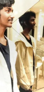 Young man in white jacket with mirror reflection.