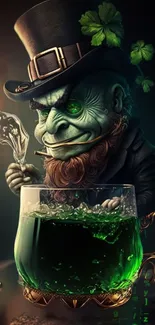 Mischievous leprechaun with green potion.