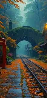 A misty autumn railway path with vibrant fall foliage and a vintage phone booth.