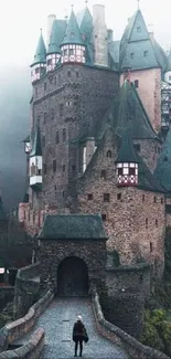 Misty castle with fog in a medieval scenery for mobile wallpaper.