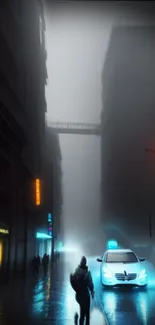 Misty cityscape with glowing neon lights on a rainy night street.