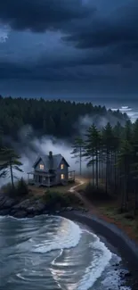 Misty coastal cabin surrounded by forest at night.