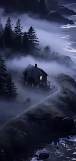 Misty cottage by the ocean at dusk.