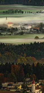 Misty countryside village with green fields.