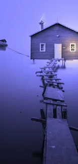 Misty dock leading to a cozy cabin at dusk, surrounded by calm waters.